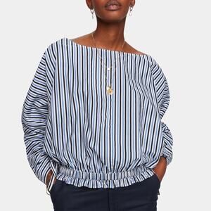 Scotch & Soda Boatneck Blue and White Striped Top Size L? Ruched Tie Sleeves